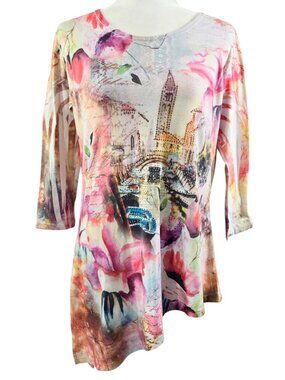 Jess & Jane Venice Alley Floral Watercolor Beaded Top Artsy Art to Wear Romantic
